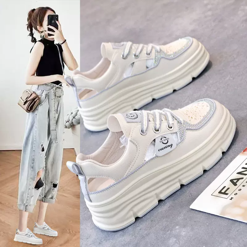 2024新款夏季厚底内增高凉鞋女包头小白镂空透气运动休闲洞洞板鞋