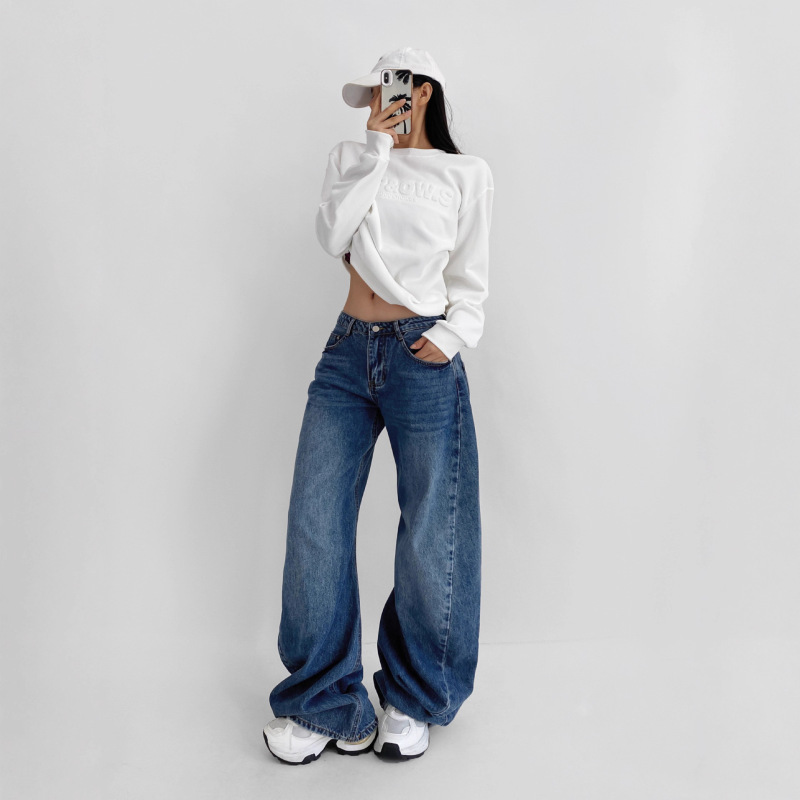 American Retro Straight-Leg Loose Fit Staggered Seam Low-Waist Jeans for Women, New Autumn Design Loose Jeans American Retro Straight-Leg Loose Fit Staggered Seam Low-Waist Jeans for Women, New Autumn Design Loose Jeans