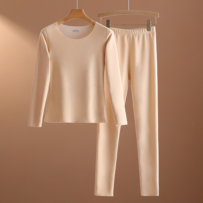 Conjunto de ropa interior térmica de terciopelo sin costuras de otoño e invierno, traje de manga larga engrosado y caliente para mujer, conjunto de ropa de otoño y pantalones largos