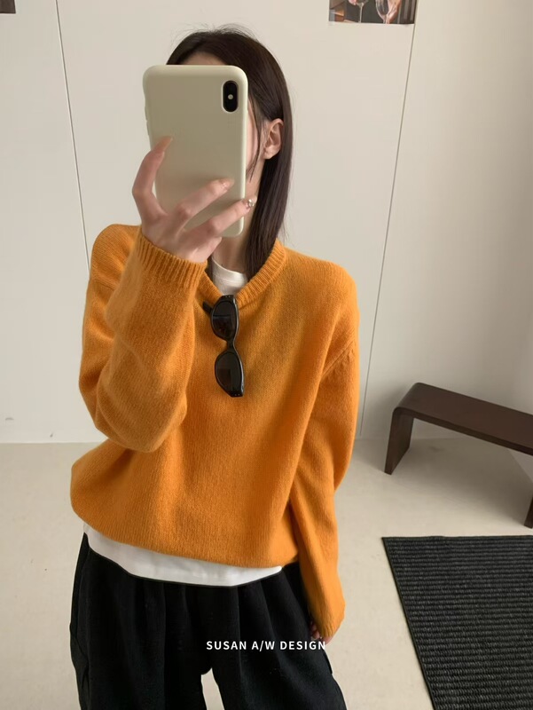 苏珊 秋冬款简约2025羊毛圆领套头毛衣女宽松慵懒针织打底衫8005|undefined
