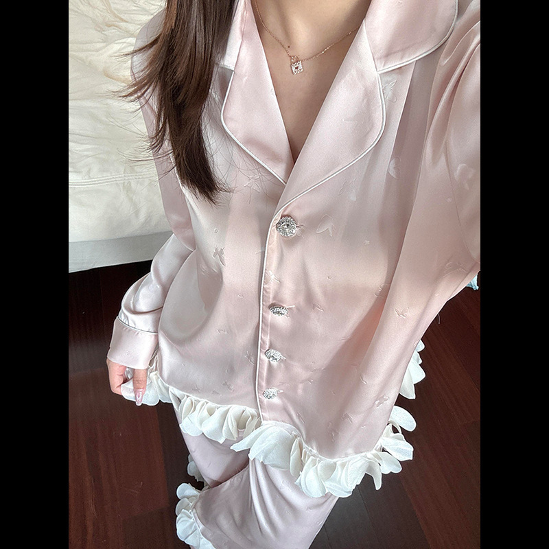 法式公主风粉色冰丝睡衣女秋季2025年新款长袖长裤家居服两件套潮|undefined