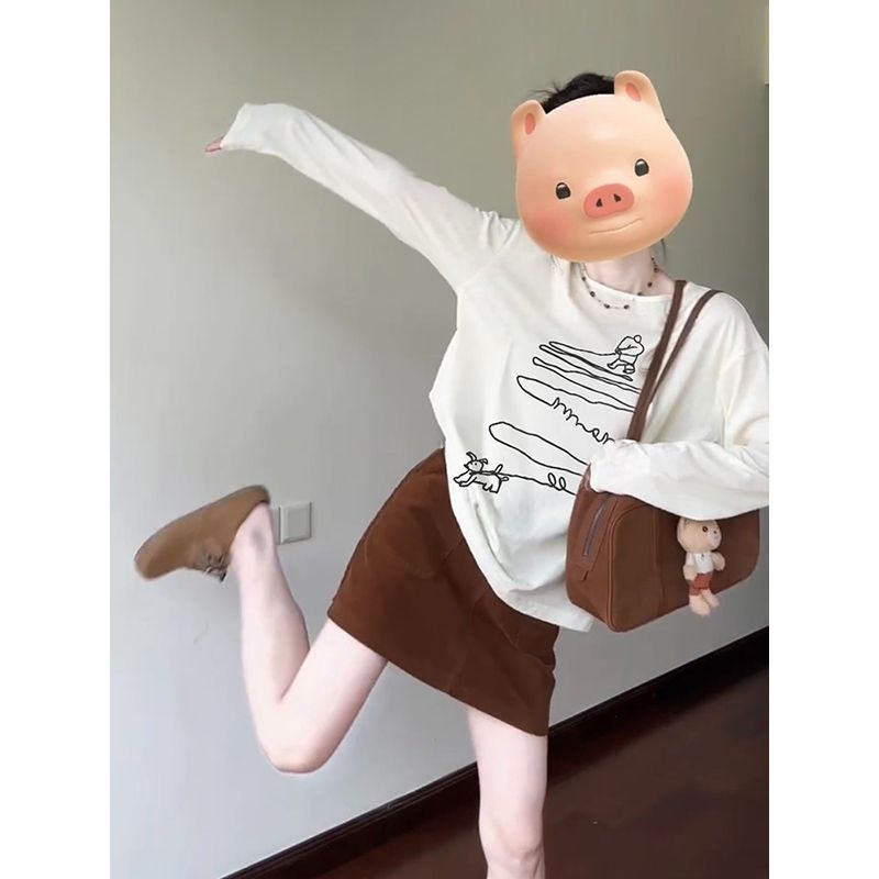 慵懒风松弛感罩衫女早秋季穿搭遛狗印花长袖t恤宽松百搭薄款上衣|undefined