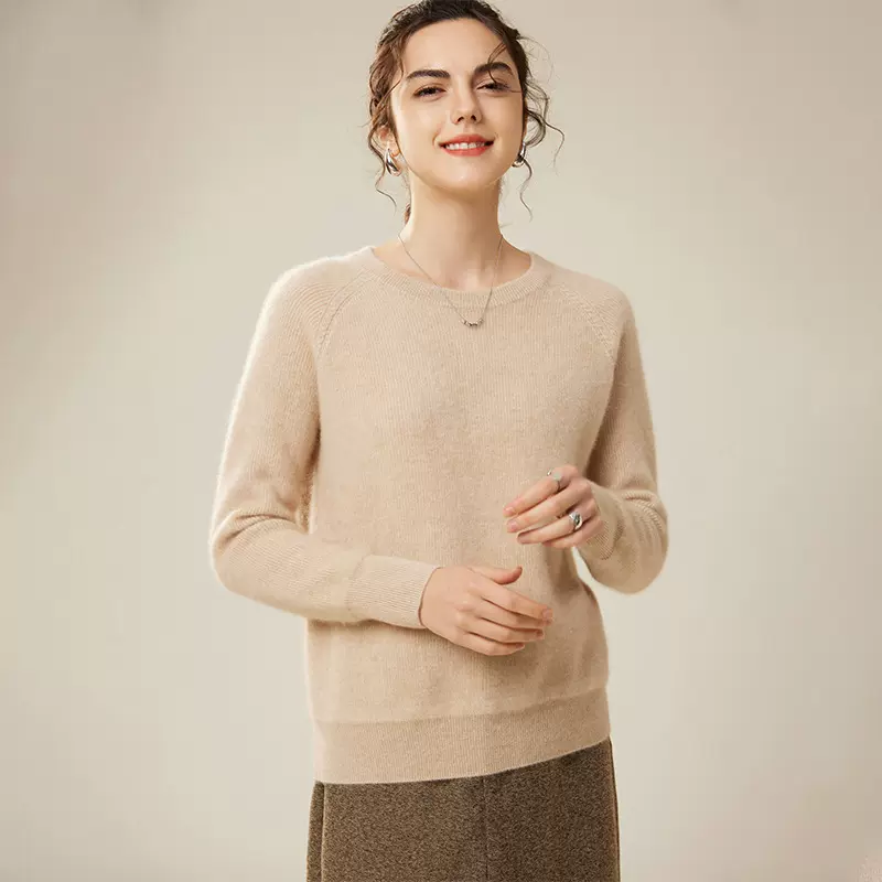 秋冬新款100山羊绒衫女圆领插肩袖羊绒毛衣加厚针织衫宽松打底衫