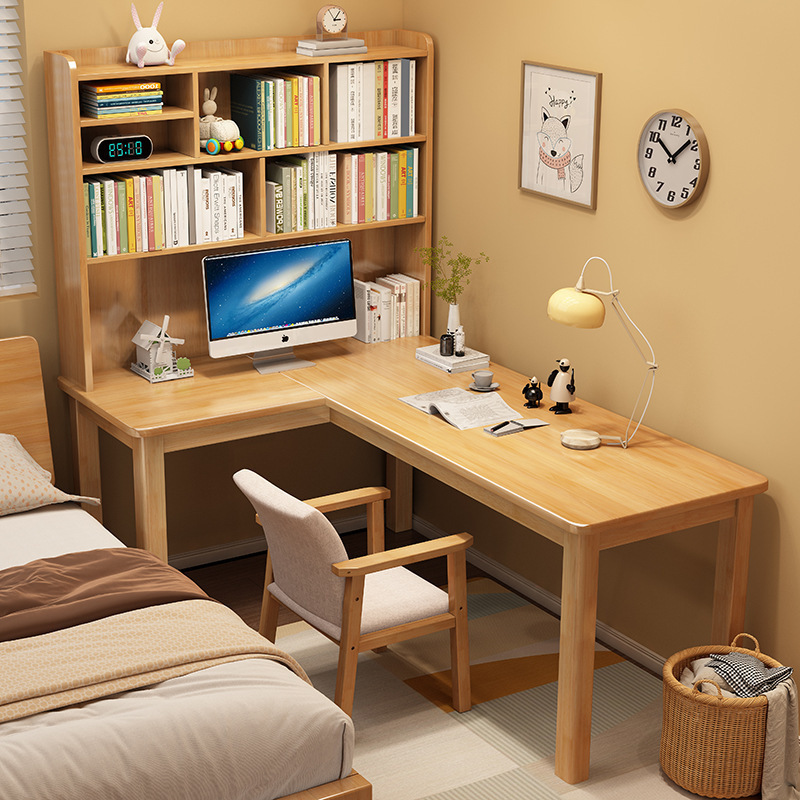 L-shaped Solid Wood Desk Bookshelf Double Long Writing Desk Simple Computer Desk Learning Desk for Primary and Secondary School Students