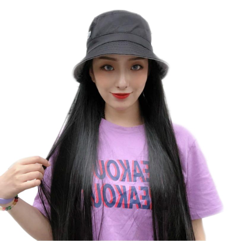 Tiktok transmisión en vivo con productos peluca sombrero un verano moda mujer negro pelo largo y recto transpirable pescador sombrero en stock venta al por mayor