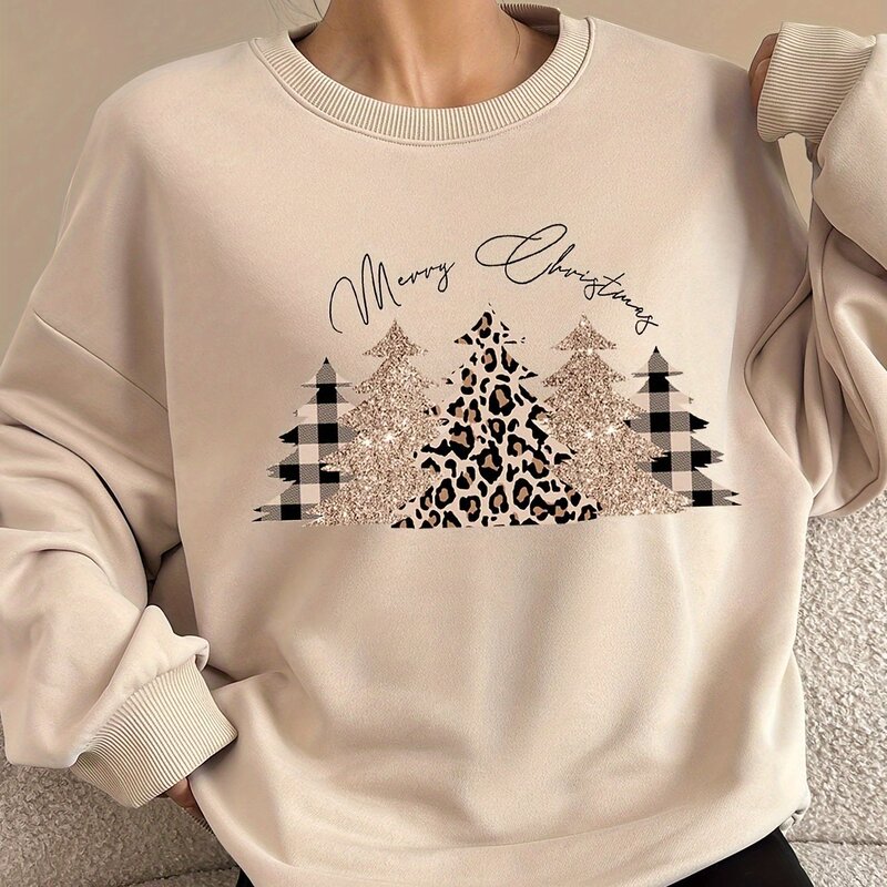 レディースクリスマスツリーパターンラウンドネックスウェットシャツ長袖カジュアルプルオーバーヒョウ柄とチェック柄デザインshu|undefined