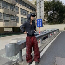 美式复古豹纹双腰头休闲裤男女小众设计感宽松直筒阔腿垂感长裤潮