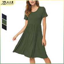 2024夏季新品欧美女士短袖大码连衣裙纯色绿色休闲裙子厂家批发女