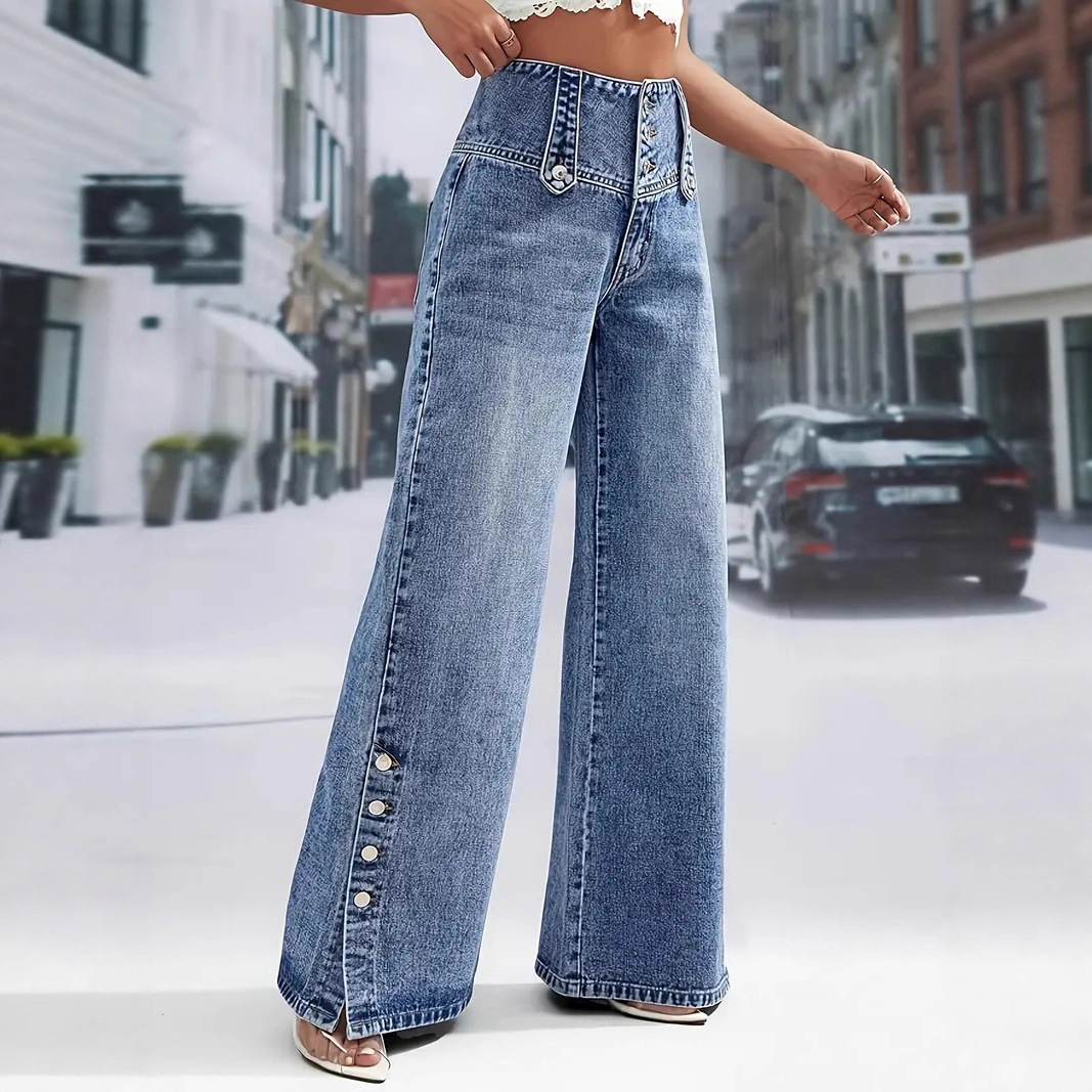 Jeans de Pierna Ancha de Mezclilla de Algodón con Tiro Alto y Apertura para Moda Urbana