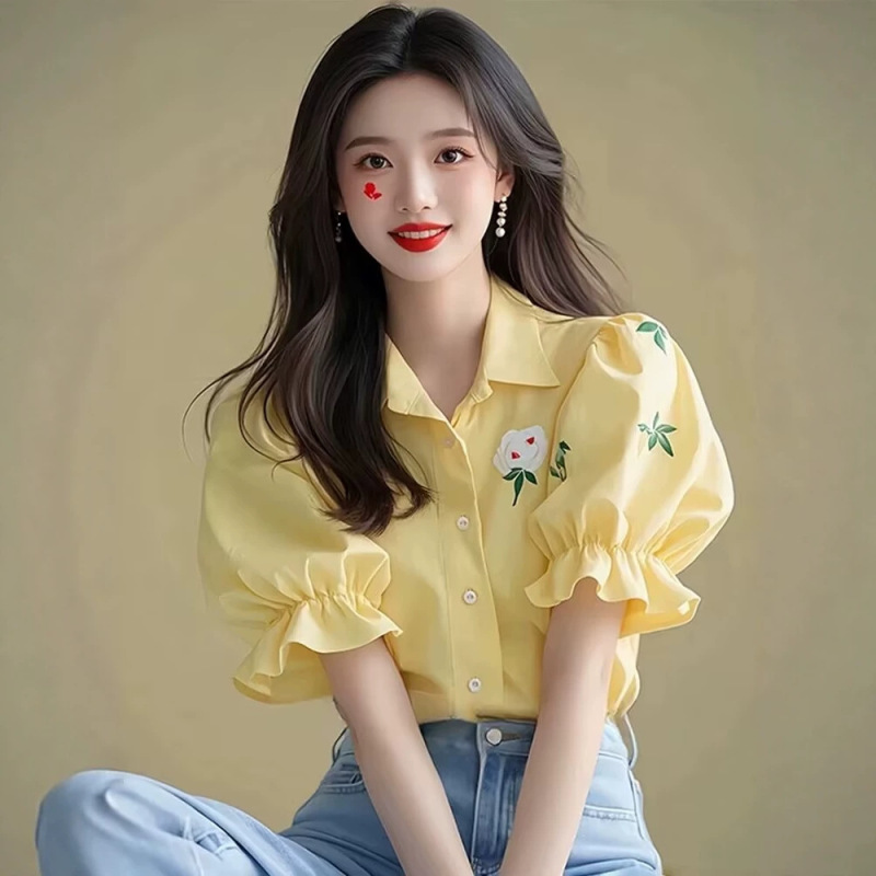 Brother's Boutique Quality Summer New Style Cream Yellow Puff Sleeve Printed Shirt, Fashionable and High-End Short-Sleeve Top