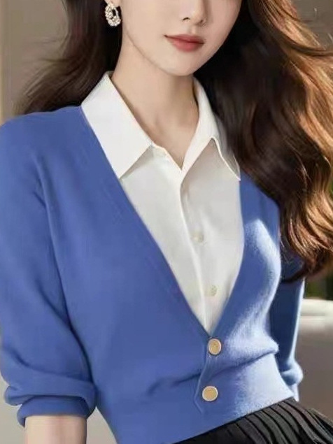 蓝色假两件针织上衣女高级设计感小众气质高端小香风内搭毛衣秋冬|undefined