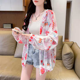 跨境工厂泰国冰丝彩绘印花连帽防晒衣长袖t恤女微透外套抖音淘宝