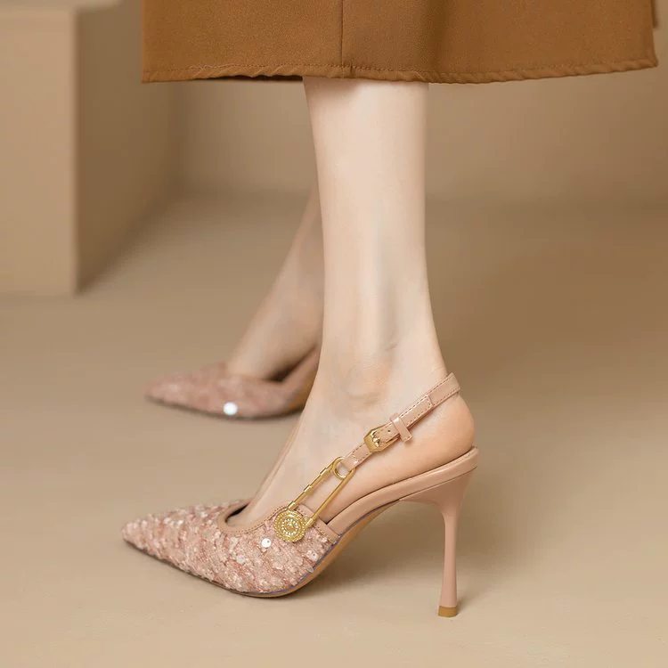 2025 новые летние остроконечные одиночные туфли с блестками сандалии женские французские нишевые туфли на высоком каблуке