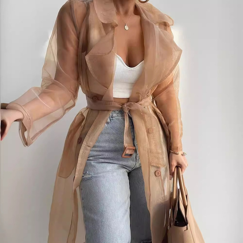 5813 #   2022 Spring and Summer Pure Color Loose Thin Lantern Sleeve Cardigan Mid-Length Shirt Jacket