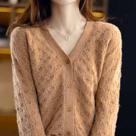 100纯羊毛开衫外套女2025秋冬新款V领宽松羊绒毛衣休闲针织衫外搭