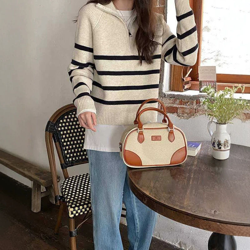 Korean-style half-zip soft striped sweater for women, new autumn 2026 vintage half-high collar pullover knitwear for women
