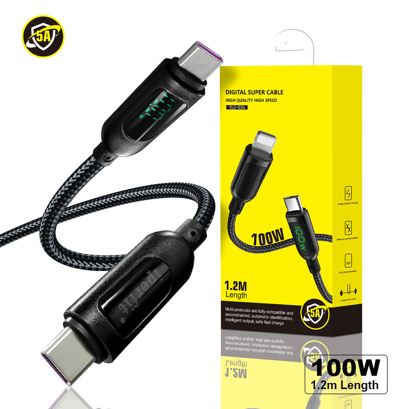 Pd120W 1.2m Type C USB C Dual Type C Luminous Digital Display Data Cable 5A Cable Fast Charging Cable