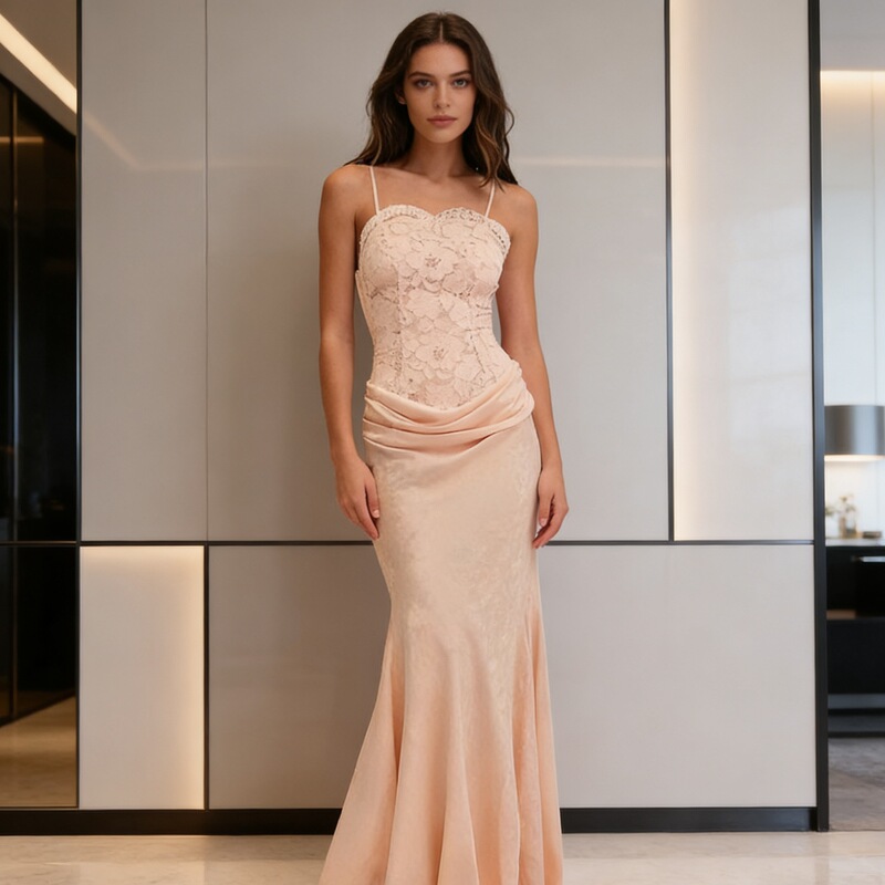 2025 New Cross-Border European and American Style Lace Camisole + Satin Mermaid Long Dress Elegant Party Gown Set 2025 New Cross-Border European and American Style Lace Camisole + Satin Mermaid Long Dress Elegant Party Gown Set
