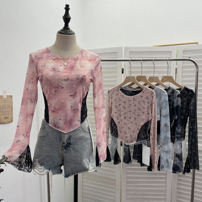 Real shot front piece double-layer back piece lace hollow backless mesh printing base T-shirt short high waist top 1967