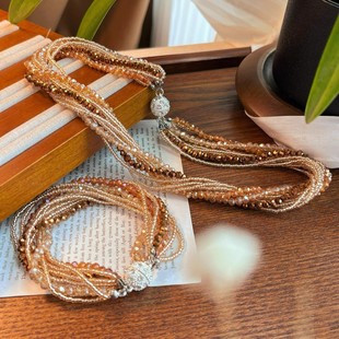 Original Handmade Lazy Style Champagne Artificial Crystal Wrap Multi-Layer Necklace 2024 New Entry Luxury Clavicle Neck Chain