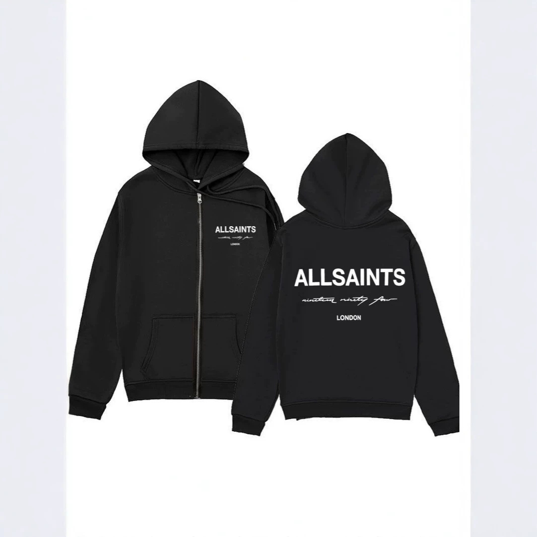 Cross-border new ALLSAINTS letter-printed zip-up hoodie, loose fit, dropped shoulders, unisex, versatile zip-up outerwear