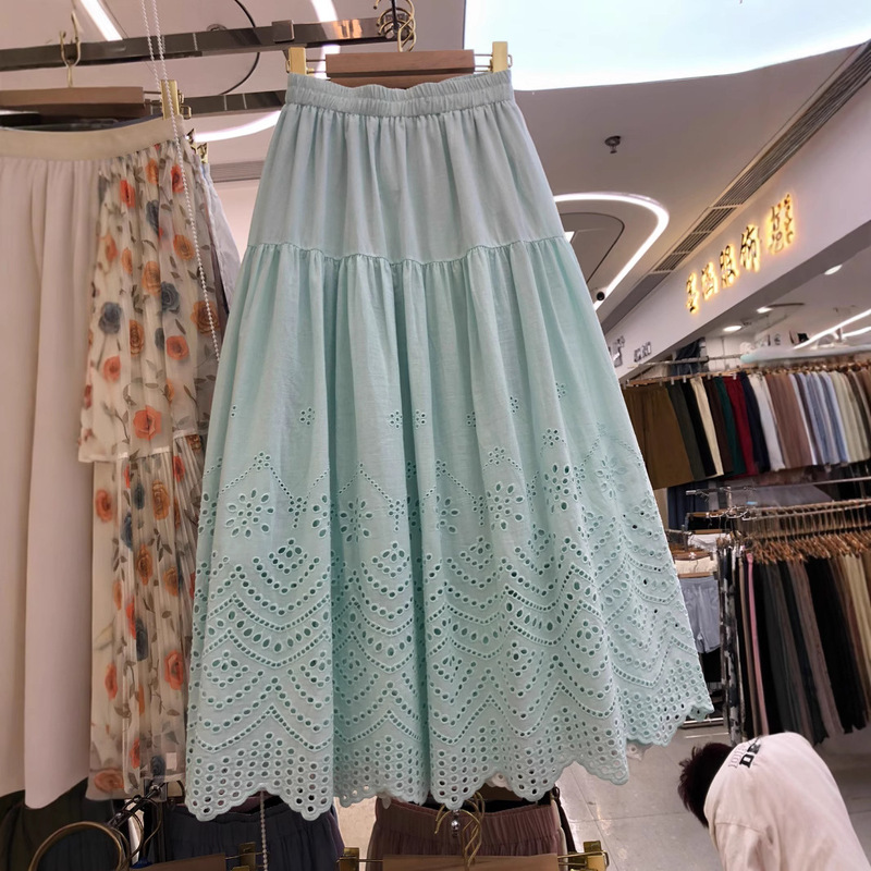 French Sweet Age-Reducing Cut Out Lace Hook Skirt for Women 2025 Summer New Elastic Mid-Length A-Line Skirt
