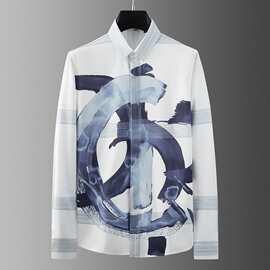 欧美潮牌春秋走秀款泼墨印花高端商务休闲防皱免烫修身长袖衬衫男