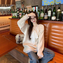 蕾丝蝴蝶结拼接长袖毛衣女夏季2025新款针织衫加厚中长款少女上衣