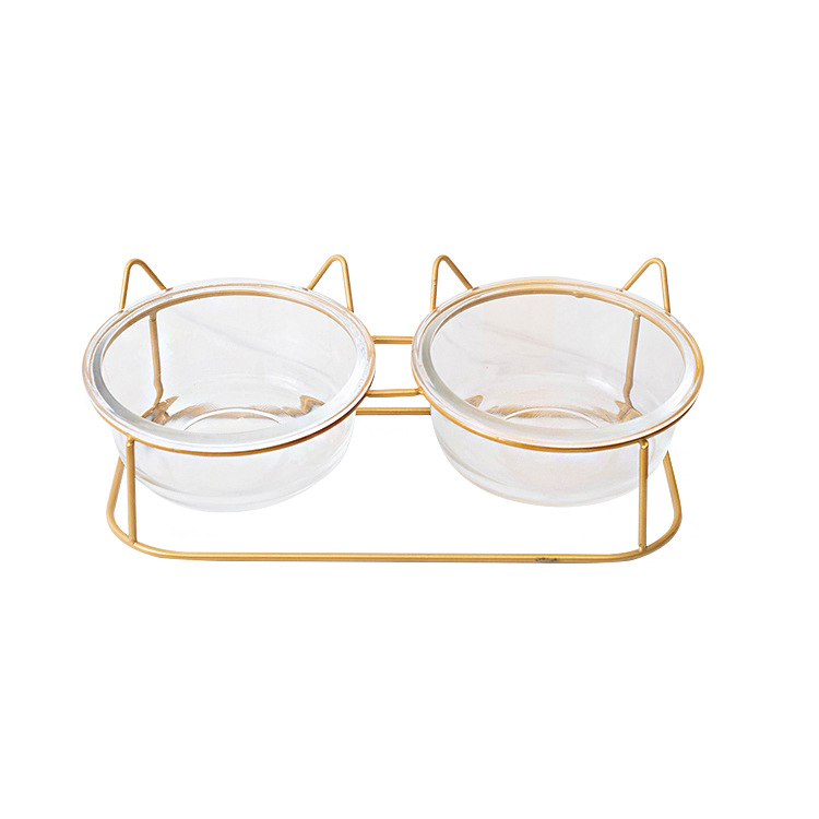 Tazón para gatos tazón de vidrio transparente doble tazón de comida para gatos de gran capacidad tazón de agua antidetonante fácil limpieza saludable oblicua protección del cuello fabricante