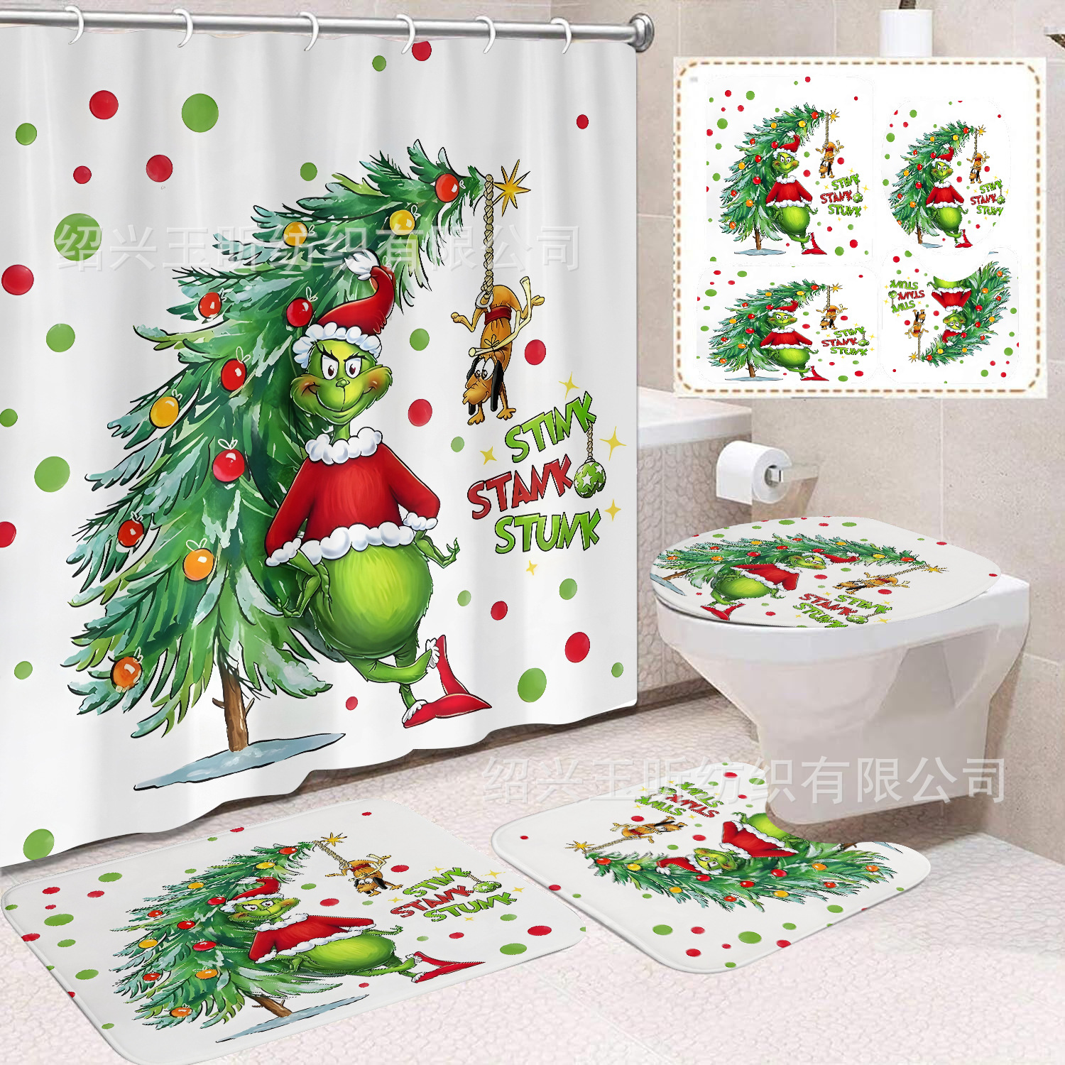 Tela de cortina de ducha transfronteriza, cortina de ducha impermeable, alfombra antideslizante de baño, juego de Grinch 4 de pelo verde al por mayor, sin perforación