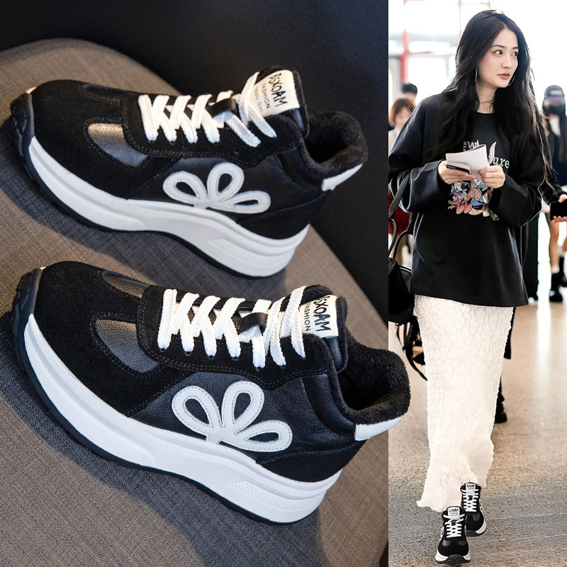 真皮老爹鞋女2025秋冬新款高帮加绒女鞋爆款厚底阿甘运动小白鞋女