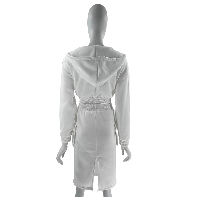 Women's Skirt Suit V Neck Hooded Solid Colour Long Sleeve Set_voghion.com
