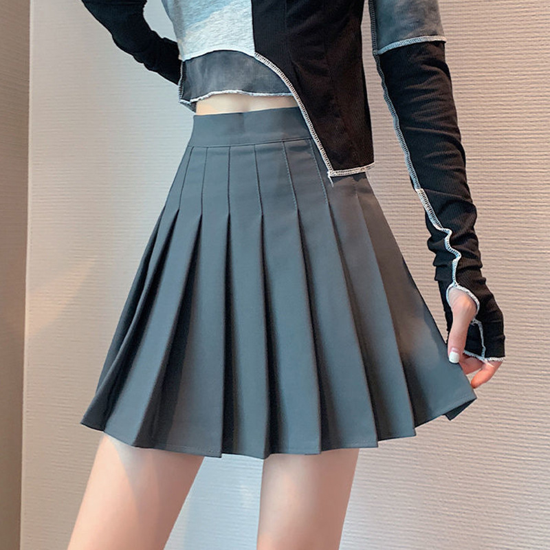High waist solid pleated A-line skirt High waist solid pleated…