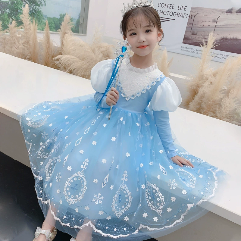 Весеннее и осеннее новое платье для девочек, иностранное платье, детское платье с принтом, хлопчатобумажное платье с длинными рукавами, платье принцессы Айсы