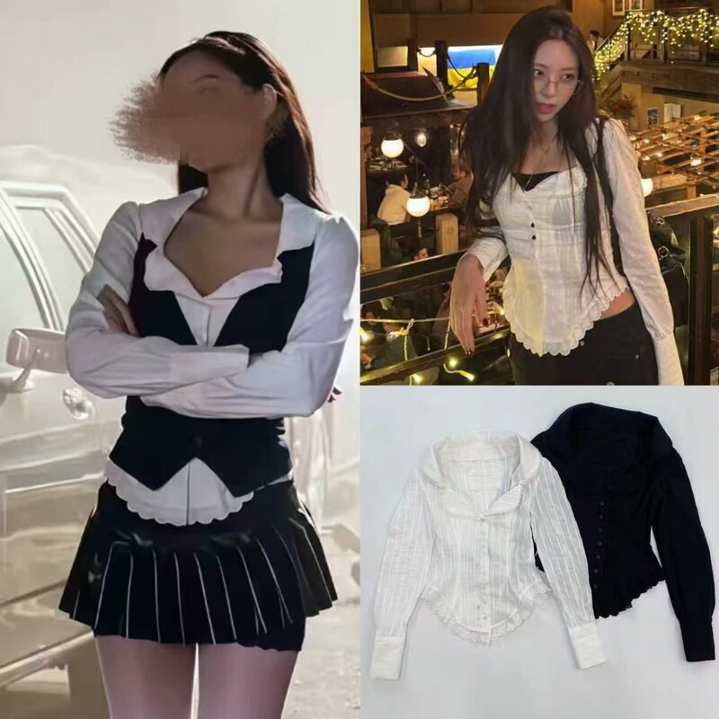 Korean Niche Lace Collar Lace-Up Waist Slim-Fit Long-Sleeve Shirt Cardigan Top