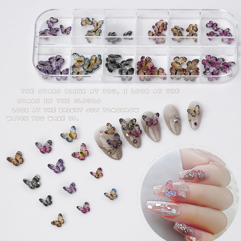 Cross-border nail jewelry resin aurora small butterfly multicolor gradient stereo nail drill accessories 12 box wholesale Cross-border nail jewelry resin aurora small butterfly multicolor gradient stereo nail drill accessories 12 box wholesale