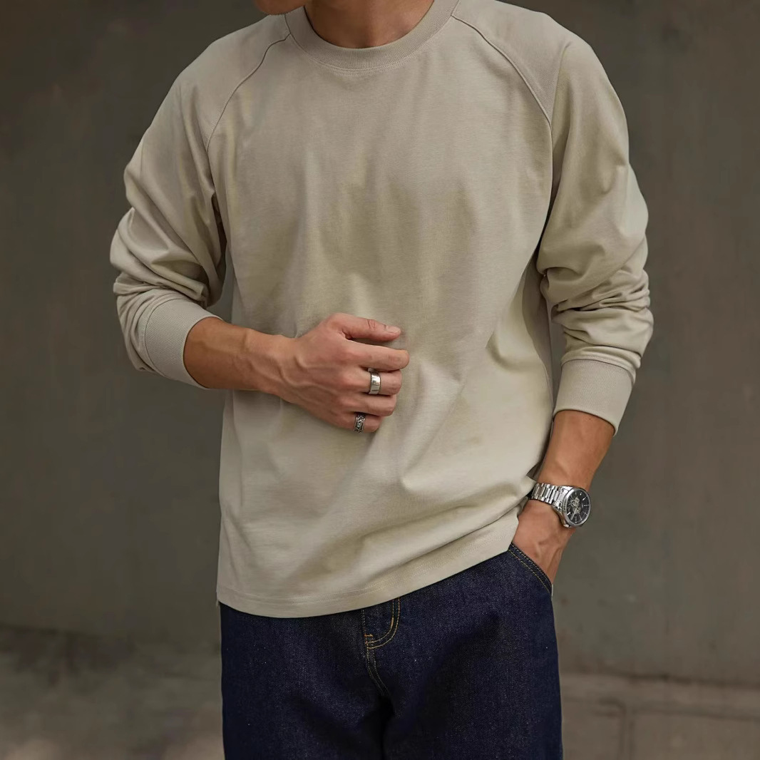 Tough Guy Kaji Camiseta de manga larga de algodón pesado para hombre con cuello redondo grueso 350G con camisa interior cálida e versátil