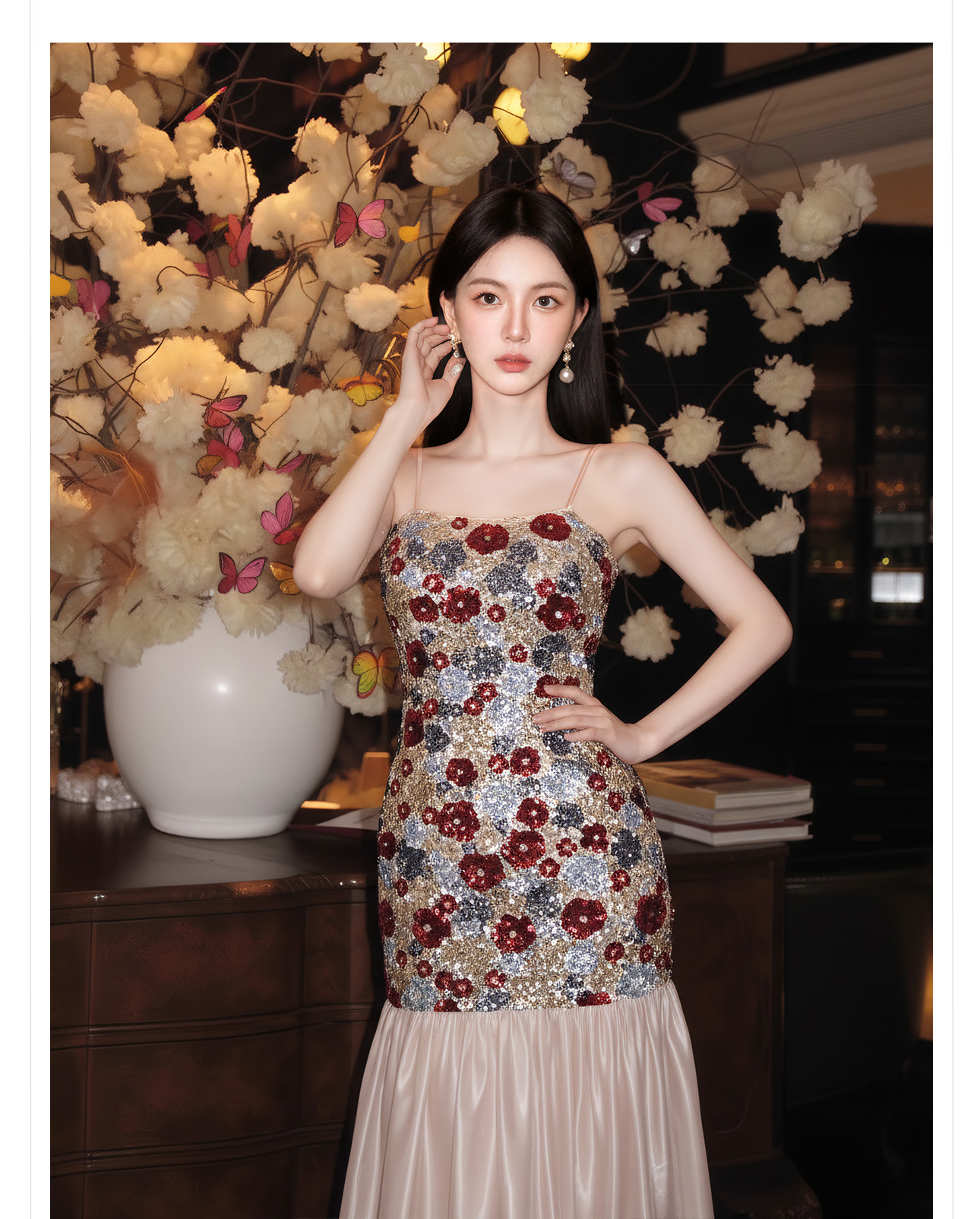 Bộ đầm dây maxi thêu ren kết hợp kim sa phong cách Tân Trung Hoa + áo khoác choàng vai — Trang chủ, bộ đồ, đầm dây chi tiết 5