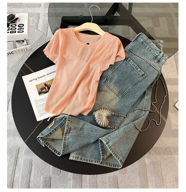 Women's Clothing Women's Summer New Casual Sports Fashion Suit Round Neck Back Tie Hollow Short Sleeve Denim Pants Two Piece Suit_mkmklike.com