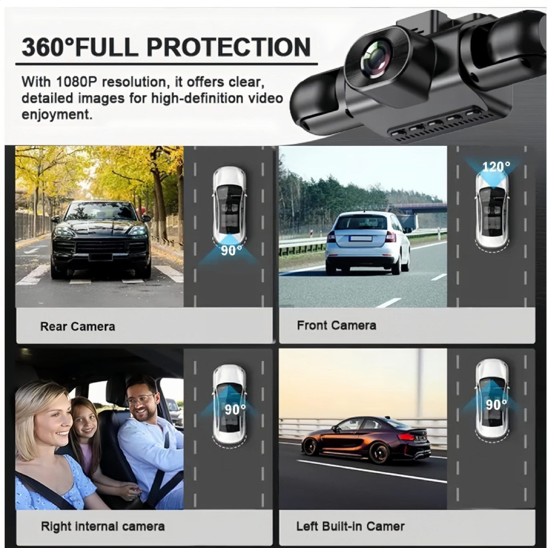 Four-lens panoramic dashcam 1080P HD WiFi connected parking monitoring car video recording device
