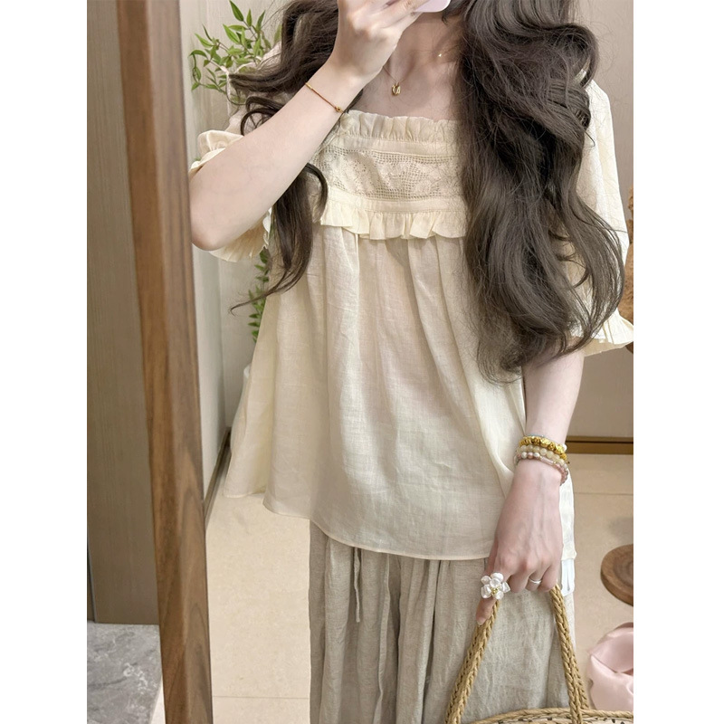 Playful Summer Prelude: French-Style Square-Neck Lace Puff-Sleeve Babydoll Shirt for Women, Summer Ramie Short-Sleeve Blouse Top