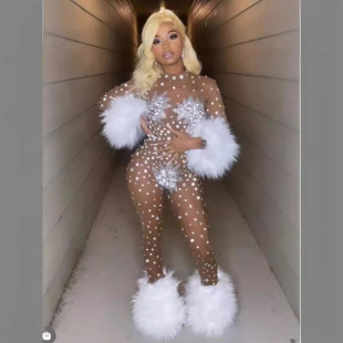 Cross-border Hot Selling Rhinestone Elastic Mesh Transparent Fur Sexy Tight Jumpsuit Nightclub Party Stage Performance Clothing