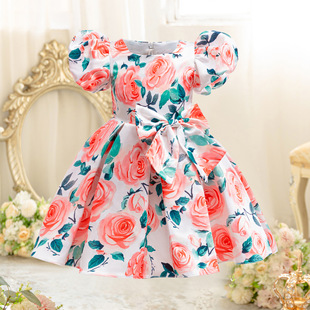 Foreign Trade Girls Dress 2025 New Rose Flower Print Children's Dress Puff Sleeve Princess Dress Children's Dress Dress