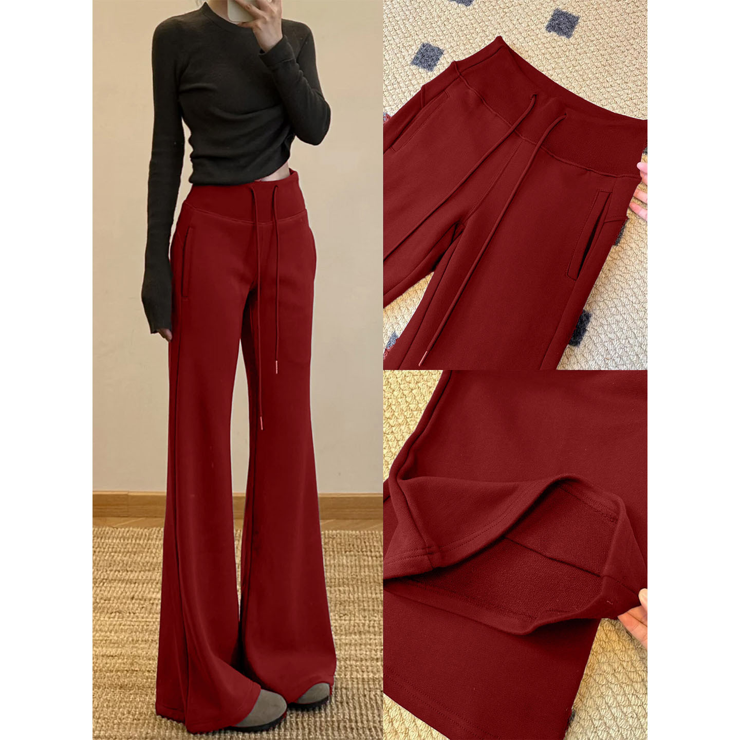 安哥拉红lulu喇叭运动裤女加绒加厚高腰休闲显瘦修身垂感拼接微喇