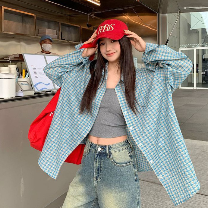 Hong Kong Style Retro Blue Plaid Long-Sleeved Shirt for Women, New Spring and Summer Style, Versatile, Loose and Slimming, Outer Shirt Jacket Hong Kong Style Retro Blue Plaid Long-Sleeved Shirt for Women, New Spring and Summer Style, Versatile, Loose and Slimming, Outer Shirt Jacket