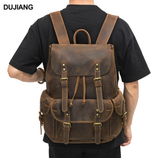 Cross-Border Genuine Leather Backpack, Outdoor Sports Backpack, Multi-Pocket Large Capacity Travel Bag, Crazy Horse Leather Backpack