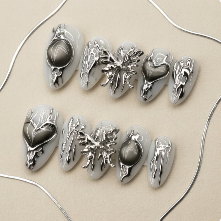 Silver-Plated Sweet-Cool Dark Style Butterfly and Heart Nail Art for Spicy Girls, Ultra-Short Almond-Shaped Nail Stickers, High Quality Silver-Plated Sweet-Cool Dark Style Butterfly and Heart Nail Art for Spicy Girls, Ultra-Short Almond-Shaped Nail Stickers, High Quality