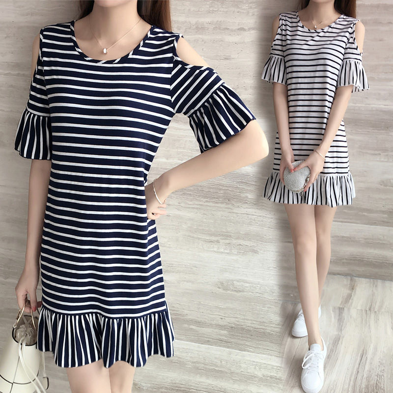 [Store Hot Sale] 2025 New A-Line Dress Short Sleeve T-Shirt Women's Summer Mid-Length Fishtail Stripe Lotus Leaf