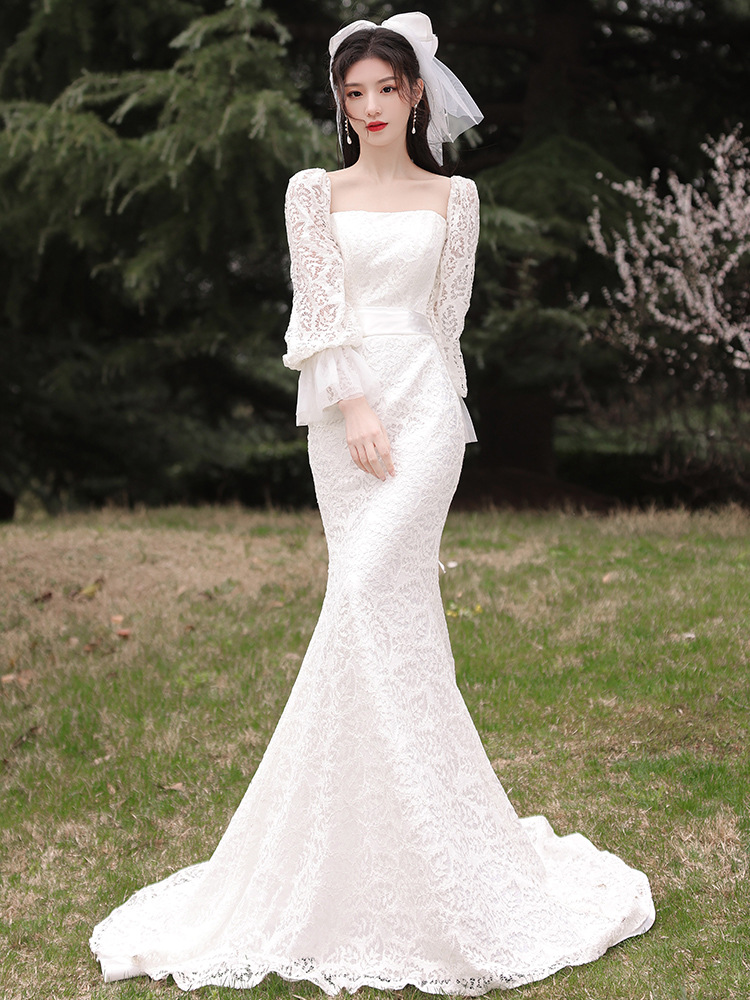 Estilo francés fishtail luz vestido de novia 2024 nuevo temperamento nupcial diseño encaje vestido de novia al aire libre