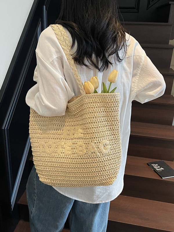 クロスボーダーレディースバッグ、パーソナライズされた刺繍文字、わら編みバッグ、レディース大容量レディーストートバッグ、文学ショルダーバッグ|undefined